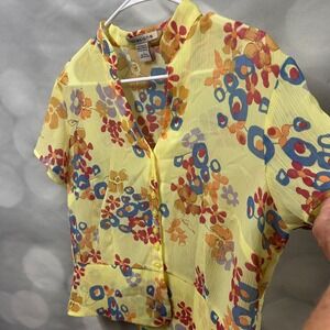 Notations Vintage Yellow Multicolor Floral Sheer Button Down V-neck Blouse Large